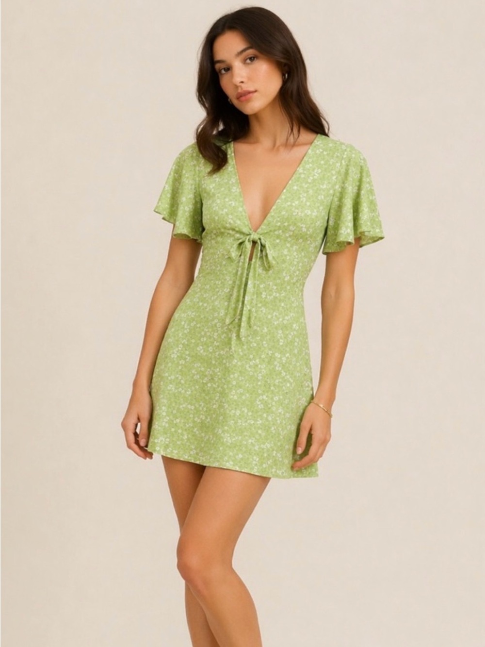 Zara Light Green Floral Tie-Front Dress